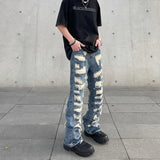 Xituodai Men's American Vintage Distressed Jeans High Street Straight Tube Loose Fitting Pants Ripped Denim Trendy Y2k