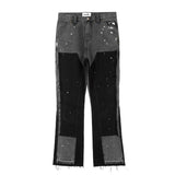 Xituodai Color Match Spliced Speckled Ink Vibe Style Micro Flare Jeans Pants for Men Y2K Cleanfit Casual Washed Baggy Denim Trousers