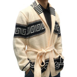 Xituodai Autumn Winter Men Thicken Jacquard Knitted Cardigan Coat Vintage Turndown Collar With Waistband Thick Needle Sweater Streetwear