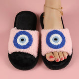 Xituodai Datuart Autumn Women Plush Slippers Blue Evil Eyes Curly Slippers Couple Open Toe Home Cotton Shoes Flat Bedroom Warm Flannel Slippers