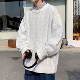 Xituodai Pullover sweater men autumn winter pure color simple retro crewneck sweater lazy wind twist thread coat