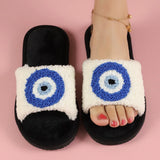 Xituodai Datuart Autumn Women Plush Slippers Blue Evil Eyes Curly Slippers Couple Open Toe Home Cotton Shoes Flat Bedroom Warm Flannel Slippers