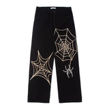 Xituodai American Street Black Loose Straight Spider Web Embroidered Jeans Hip Hop Wide Leg Pants Men Clothing  Cargo Pants Y2k Pants