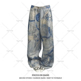 Xituodai Y2K Harajuku Clothing Women American Street Retro Washed Baggy Jeans Trend Brand Camouflage Distressed Wide-leg Straight Pants