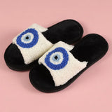 Xituodai Datuart Autumn Women Plush Slippers Blue Evil Eyes Curly Slippers Couple Open Toe Home Cotton Shoes Flat Bedroom Warm Flannel Slippers