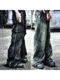 Xituodai Y2k Fashion New American Tassel Black And Gray Washed Jeans Men Street Gothic Punk Style Teenagers Retro Loose Wide-leg Pants