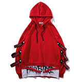 Xituodai Patchwork Straps Hip Hop Hooded Pullover Sweatshirt