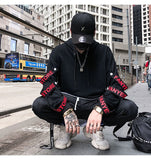 Xituodai Patchwork Straps Hip Hop Hooded Pullover Sweatshirt