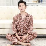 Xituodai Men Nightwear Long Sleeve Satin Mens Pajamas Sleep Wear Sleepwear Home Printed Clothing Sleep Tops Long Pants Silk Pajama Set