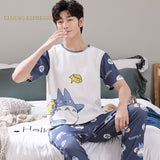 Xituodai Summer Knitted Cotton Cartoon Mens Pyjamas Pajamas Casual Short Sleeve Long Pants Sets Men's Sleep Lounge Night Pijamas 4XL Home