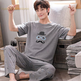 Xituodai Summer Knitted Cotton Cartoon Mens Pyjamas Pajamas Casual Short Sleeve Long Pants Sets Men's Sleep Lounge Night Pijamas 4XL Home