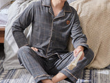 Xituodai Spring Autumn Knitted Cotton Long Pajama Sets Plaid Sleepwear PJ Pyjamas  Men's Sleep & Lounge  Home Fashion