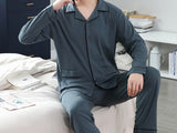 Xituodai Spring Autumn Knitted Cotton Long Pajama Sets Plaid Sleepwear PJ Pyjamas  Men's Sleep & Lounge  Home Fashion