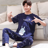 Xituodai Summer Knitted Cotton Cartoon Mens Pyjamas Pajamas Casual Short Sleeve Long Pants Sets Men's Sleep Lounge Night Pijamas 4XL Home