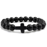 Fashion Jesus Cross Natural Stone Bracelets Charm Blue Pine Stone Black Lava Matte Beaded Bracelets Bangles Women Yoga Jewelry