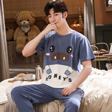 Xituodai Summer Knitted Cotton Cartoon Mens Pyjamas Pajamas Casual Short Sleeve Long Pants Sets Men's Sleep Lounge Night Pijamas 4XL Home