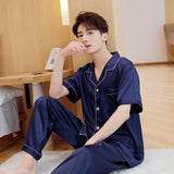 Xituodai Navy Blue Men Satin Pajamas Set 2PCS Shirt &Pants Plus Size Pyjamas Suit Long Sleeve Lounge Wear Sleepwear Nightwear 3XL