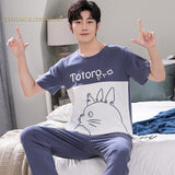 Xituodai Summer Knitted Cotton Cartoon Mens Pyjamas Pajamas Casual Short Sleeve Long Pants Sets Men's Sleep Lounge Night Pijamas 4XL Home