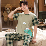 Xituodai Summer Knitted Cotton Cartoon Mens Pyjamas Pajamas Casual Short Sleeve Long Pants Sets Men's Sleep Lounge Night Pijamas 4XL Home