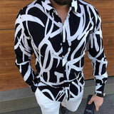 Xituodai trendy mens fashion mens summer outfits dope outfits mens street style mens spring fashion aesthetic outfits menAutumn Long Sleeve Casual Shirt Vintage Pattern Chain Printed Patchwork Men Shirts 2021 Spring Turn-down Collar Button Men's Top