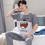 Xituodai Summer Knitted Cotton Cartoon Mens Pyjamas Pajamas Casual Short Sleeve Long Pants Sets Men's Sleep Lounge Night Pijamas 4XL Home