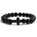 Fashion Jesus Cross Natural Stone Bracelets Charm Blue Pine Stone Black Lava Matte Beaded Bracelets Bangles Women Yoga Jewelry