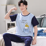 Xituodai Summer Knitted Cotton Cartoon Mens Pyjamas Pajamas Casual Short Sleeve Long Pants Sets Men's Sleep Lounge Night Pijamas 4XL Home