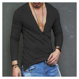 Xituodai US Stock Fashion Men Casual Slim Fit Long Sleeve Deep V-neck Sexy Shirt T-shirts