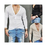 Xituodai US Stock Fashion Men Casual Slim Fit Long Sleeve Deep V-neck Sexy Shirt T-shirts