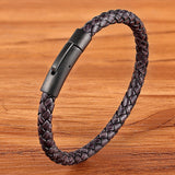 New Classic Style Men Leather Bracelet Simple Black Stainless Steel Button Neutral Accessories Hand-woven Jewelry Gifts