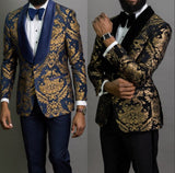 Xituodai trendy mens fashion mens summer outfits dope outfits mens street style mens spring fashion aesthetic outfits Custom Made Men Suits Black/Navy Blue with Gold Print Groom Tuxedos Shawl Lapel Groomsmen Set ( Jacket + Pants + Bow Tie ) D408