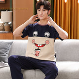 Xituodai Summer Knitted Cotton Cartoon Mens Pyjamas Pajamas Casual Short Sleeve Long Pants Sets Men's Sleep Lounge Night Pijamas 4XL Home