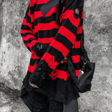 Xituodai Black Red Striped Sweaters Washed Destroyed Ripped Sweater Men Hole Knit Jumpers Men Women Oversized Sweater Harajuku