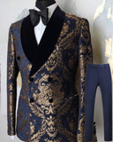 Xituodai trendy mens fashion mens summer outfits dope outfits mens street style mens spring fashion aesthetic outfits Custom Made Men Suits Black/Navy Blue with Gold Print Groom Tuxedos Shawl Lapel Groomsmen Set ( Jacket + Pants + Bow Tie ) D408