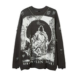 Xituodai Hip Hop Priest Salvation Print Sweaters Men Knitted Street Hole Ripped Loose Harajuku grim Reaper With Chain Pullover Jumpers
