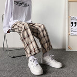 Men Pants Plaid Loose Comfortable Retro Casual  All-match Elastic Waist Chic Wide Leg Trousers Fashion Streetwear Korean Style