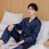 Xituodai Navy Blue Men Satin Pajamas Set 2PCS Shirt &Pants Plus Size Pyjamas Suit Long Sleeve Lounge Wear Sleepwear Nightwear 3XL