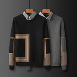 Xituodai Men Mock Two-Piece Fleece Sweater Winter Thick Knitting Male Geometry Pattern Lapel Long Sleeve Trendy Pullover Knitwear