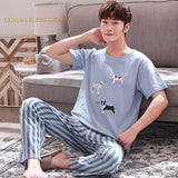 Xituodai Summer Knitted Cotton Cartoon Mens Pyjamas Pajamas Casual Short Sleeve Long Pants Sets Men's Sleep Lounge Night Pijamas 4XL Home