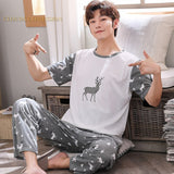 Xituodai Summer Knitted Cotton Cartoon Mens Pyjamas Pajamas Casual Short Sleeve Long Pants Sets Men's Sleep Lounge Night Pijamas 4XL Home