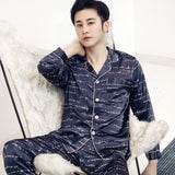 Xituodai Men Nightwear Long Sleeve Satin Mens Pajamas Sleep Wear Sleepwear Home Printed Clothing Sleep Tops Long Pants Silk Pajama Set