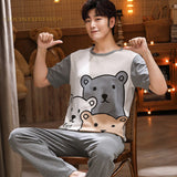 Xituodai Summer Knitted Cotton Cartoon Mens Pyjamas Pajamas Casual Short Sleeve Long Pants Sets Men's Sleep Lounge Night Pijamas 4XL Home