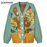 Xituodai Unisex Cardigan Sweater Harajuku Van Gogh Sunflower Knitted Button Cardigan Women Men Autumn Casual Loose Knit Top Green Blue