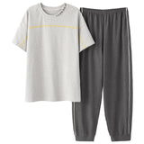 Xituodai Summer Knitted Cotton Mens Pyjamas Casual Short Tops Lattice Long Pants Sets V-neck Pajamas Fashion Men Sleepwear 5XL Homewear