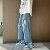 Xituodai Korean Fashion Light Blue Hole Baggy Denim Ankle-Length Pants Spring/Summer Streetwear Wide Leg Jeans Male