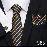 Xituodai Newest design Silk Festive Present Tie Handkerchief Cufflink Set Necktie Man's Plaid Yellow Shirt Accessories