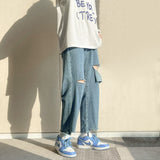 Xituodai Korean Fashion Light Blue Hole Baggy Denim Ankle-Length Pants Spring/Summer Streetwear Wide Leg Jeans Male