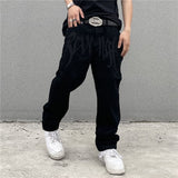 Y2K Korean Men's Fashion Black Streetwear Embroidered Low Rise Casual Jeans Trousers Straight Hip Hop Denim Pants Male Clothes