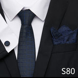 Xituodai Newest design Silk Festive Present Tie Handkerchief Cufflink Set Necktie Man's Plaid Yellow Shirt Accessories