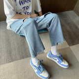 Xituodai Korean Fashion Light Blue Hole Baggy Denim Ankle-Length Pants Spring/Summer Streetwear Wide Leg Jeans Male